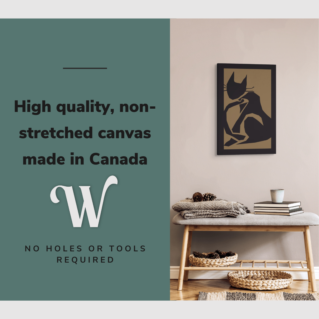 Lifestyle image of the vertical, 20x30” inch easy to hang canvas wall art hung in a foyer above a bench with graphic saying "High quality, non-stretched canvas made in Canada"