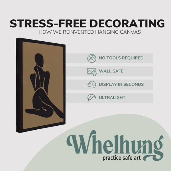 Single, 2:3 vertical easy to hang canvas print on a graphic displaying the stress-free decorating Whelhung offers, how we reinvented hanging canvas: "no tools required", "wall safe", "display in seconds" and "ultralight."