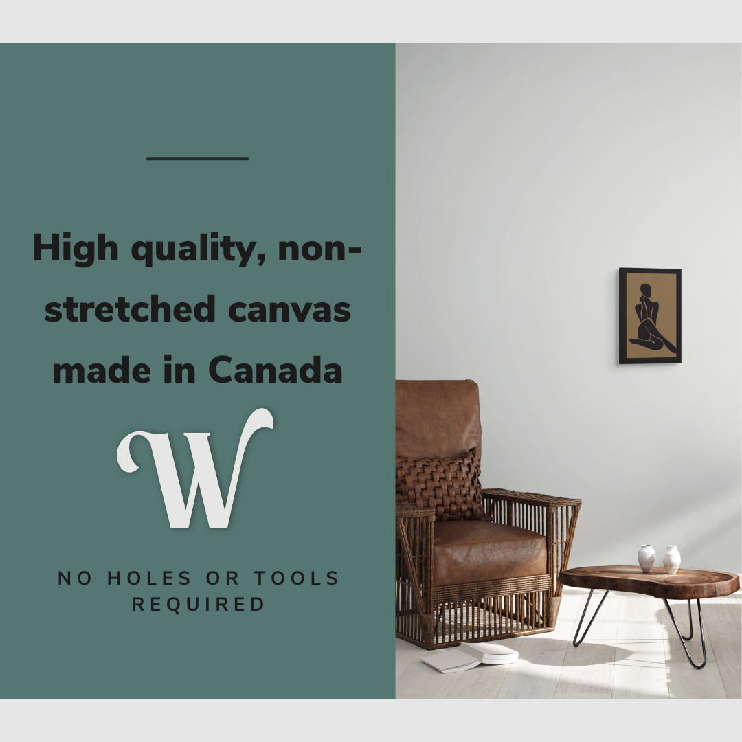 Lifestyle image of the vertical 12x18” inch easy to hang canvas wall art hung in “room description” with graphic saying "High quality, non-stretched canvas made in Canada."