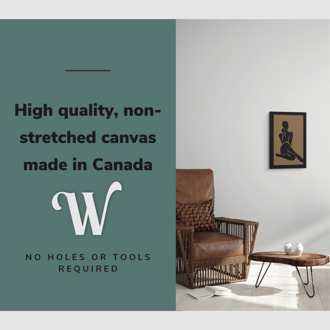 Lifestyle image of the vertical 16x24” inch easy to hang canvas wall art hung in “room description” with graphic saying "High quality, non-stretched canvas made in Canada."