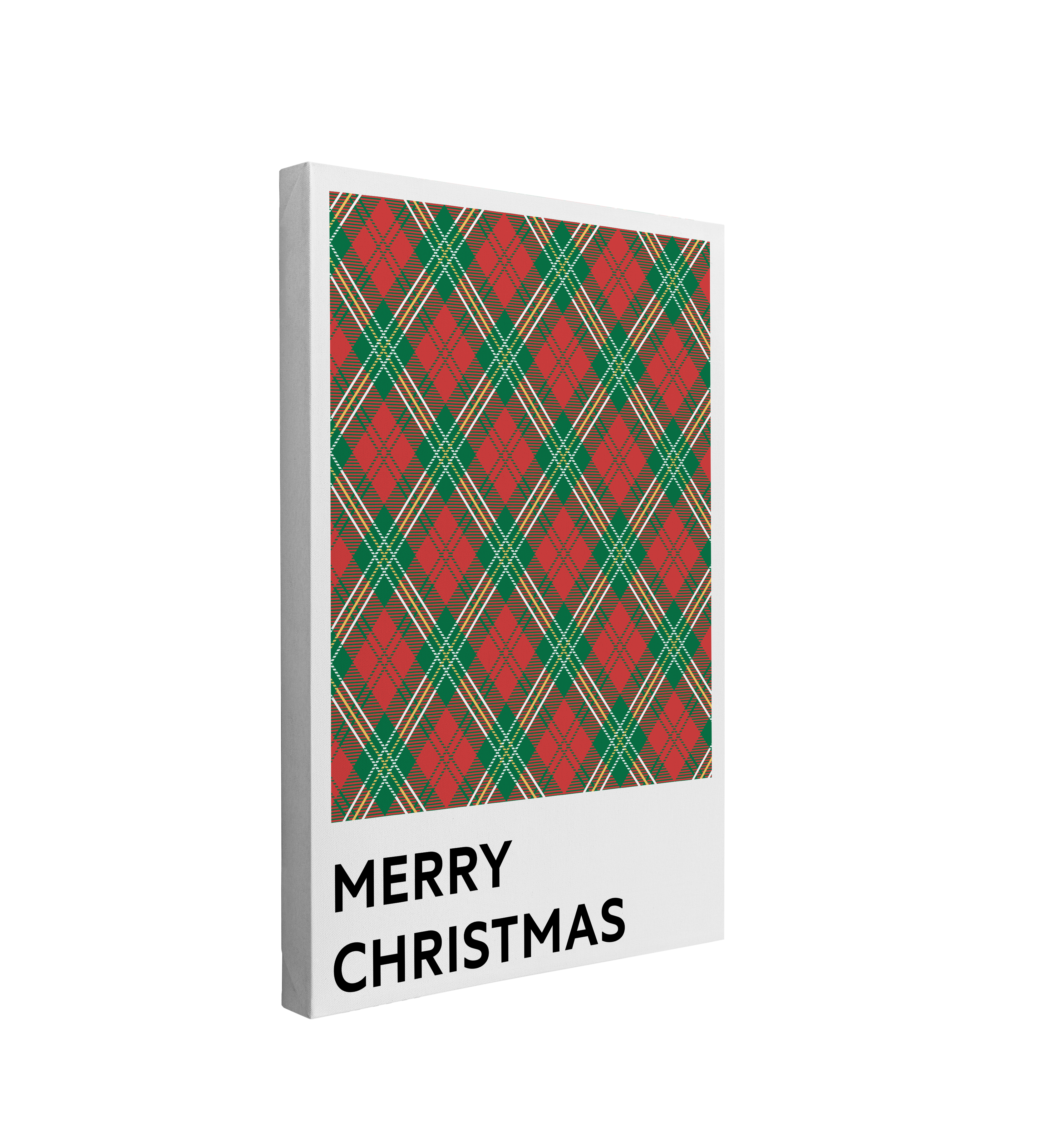 single, 2:3 vertical easy to hang canvas print on a transparent background featuring an image of a square color tone of a red and green plaid pattern with words "Merry Christmas" in black under it on a white background