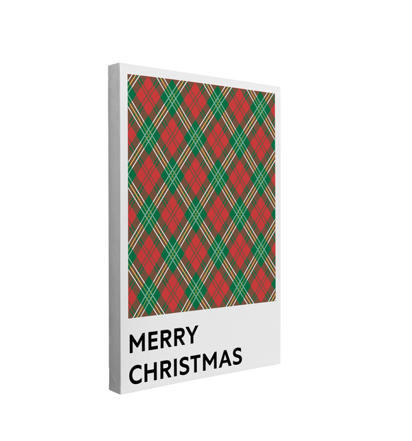 single, 2:3 vertical easy to hang canvas print on a transparent background featuring an image of a square color tone of a red and green plaid pattern with words "Merry Christmas" in black under it on a white background