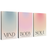 3 Panel, 2:3 vertical easy to hang canvas print on a transparent background featuring an image of three different gradients of blue, purple and yellow on a beige background with words, "Mind", "Body" and "Soul" 