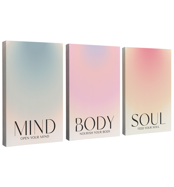 3 Panel, 2:3 vertical easy to hang canvas print on a transparent background featuring an image of three different gradients of blue, purple and yellow on a beige background with words, "Mind", "Body" and "Soul" 