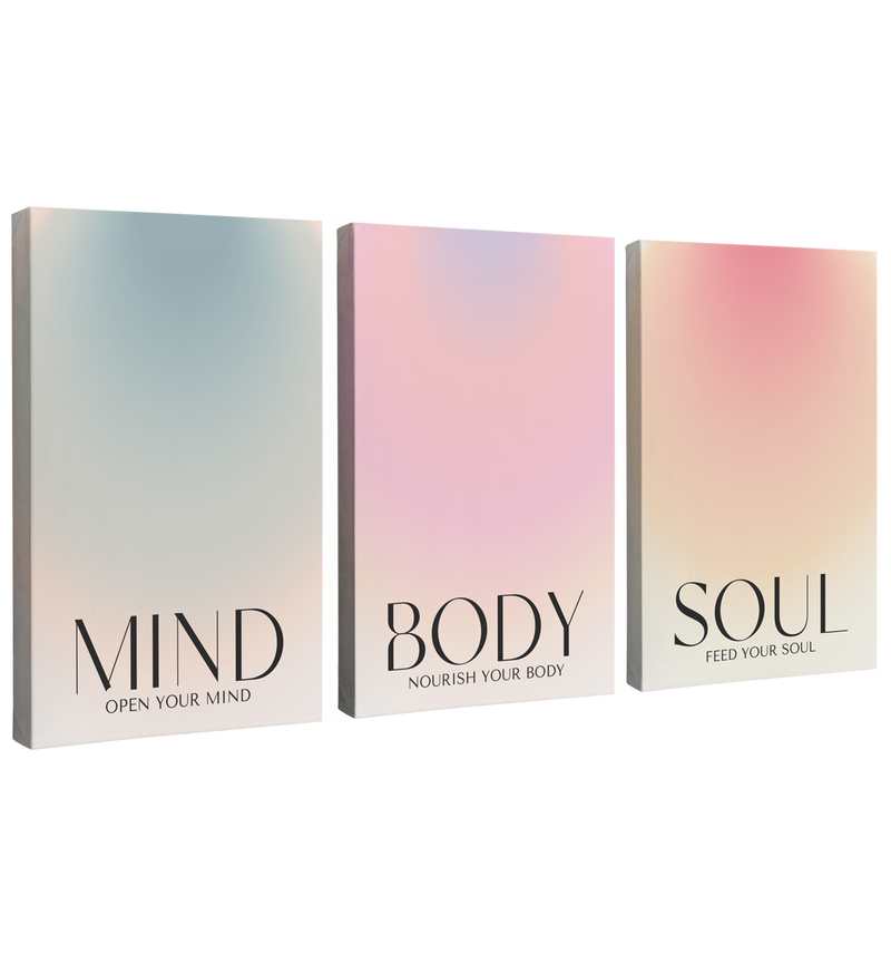 3 Panel, 2:3 vertical easy to hang canvas print on a transparent background featuring an image of three different gradients of blue, purple and yellow on a beige background with words, "Mind", "Body" and "Soul" 