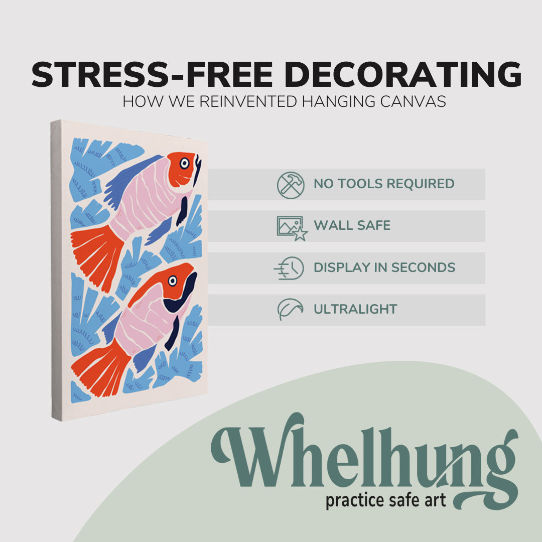Single, 2:3 vertical easy to hang canvas print on a graphic displaying the stress-free decorating Whelhung offers, how we reinvented hanging canvas: "no tools required", "wall safe", "display in seconds" and "ultralight." 