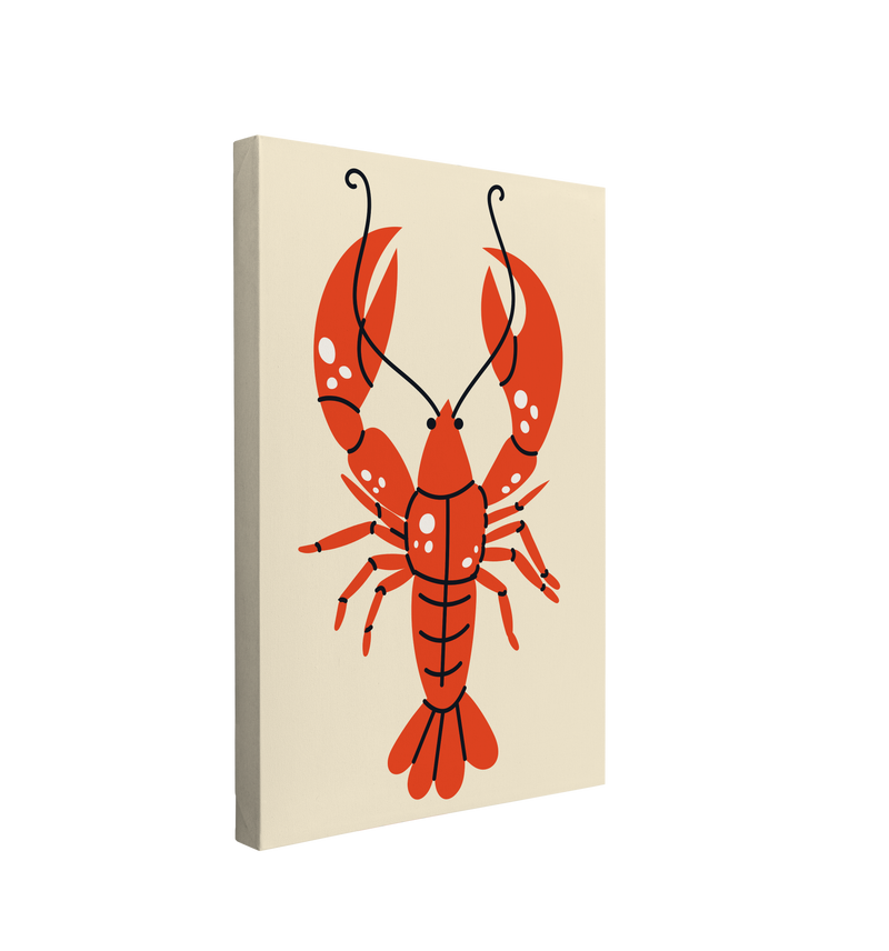 Single, 2:3 vertical easy to hang canvas prints on a transparent background featuring an image of a graphic of a red lobster on a light yellow background