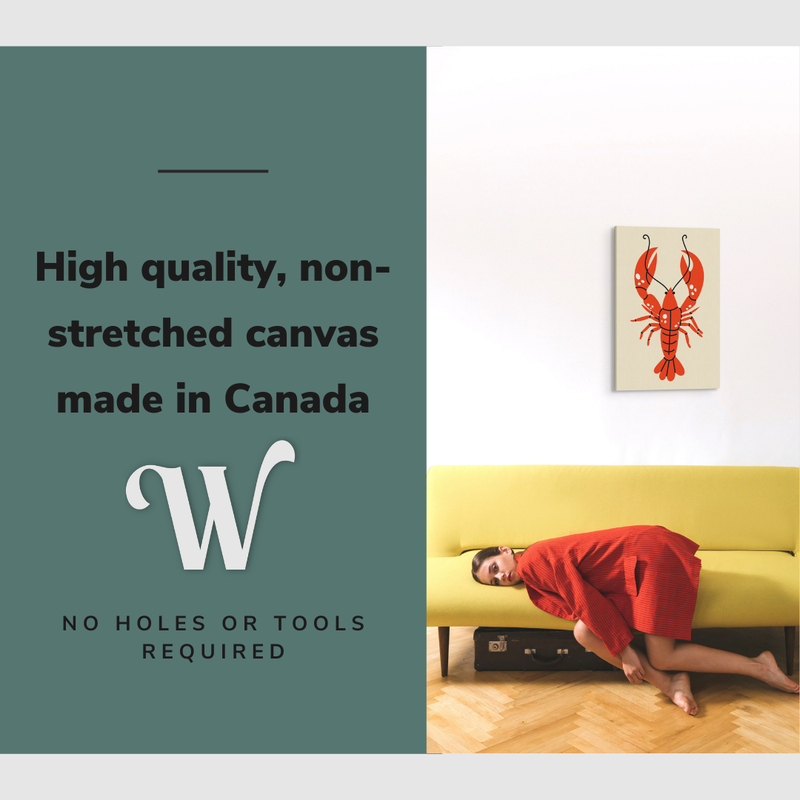 Lifestyle image of the vertical 20x30" inch easy to hang canvas wall art hung above a couch in a living room with a girl laying down with graphic saying "High quality, non-stretched canvas made in Canada"