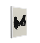 single, 2:3 vertical easy to hang canvas print on a transparent background featuring an image of minimalist hands drawn in black doing a pinky promise, on a light beige background with a white border