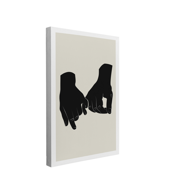 single, 2:3 vertical easy to hang canvas print on a transparent background featuring an image of minimalist hands drawn in black doing a pinky promise, on a light beige background with a white border