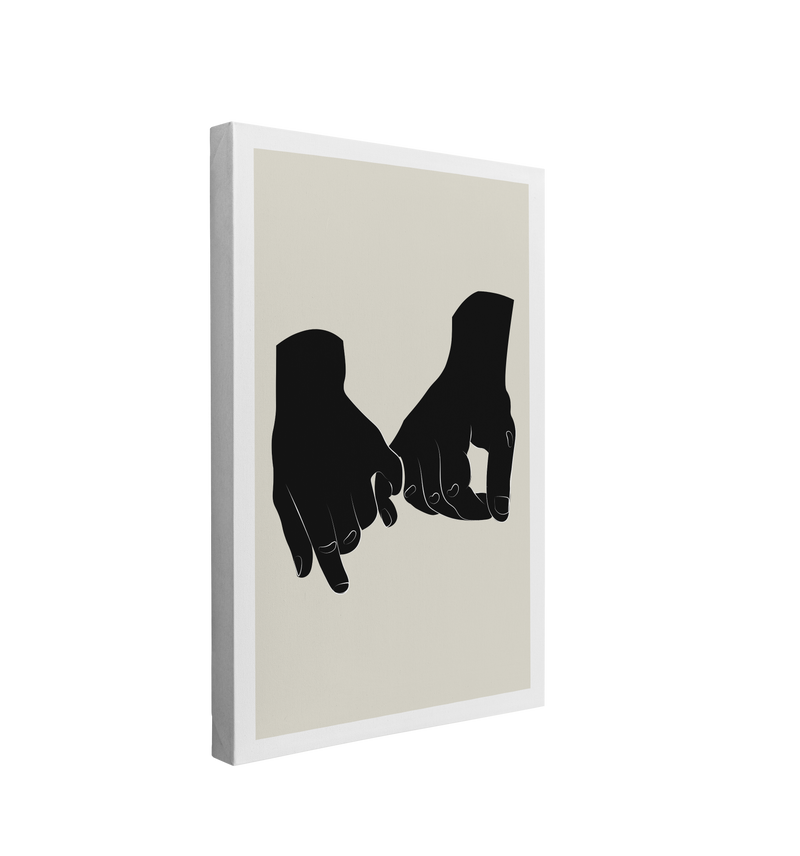 single, 2:3 vertical easy to hang canvas print on a transparent background featuring an image of minimalist hands drawn in black doing a pinky promise, on a light beige background with a white border