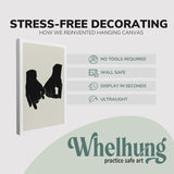 single, 2:3 vertical easy to hang canvas print on a graphic displaying the stress-free decorating Whelhung offers, how we reinvented hanging canvas: "no tools required", "wall safe"", "display in seconds" and "ultralight."