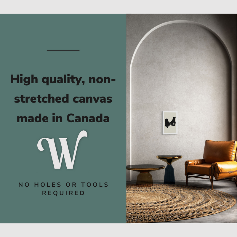 Lifestyle image of the vertical, 12x18 inch easy to hang canvas wall art hung in a living room above an accent chair and a coffee table with graphic saying "High quality, non-stretched canvas made in Canada"