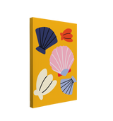 Single, 2:3 vertical easy to hang canvas prints on a transparent background featuring a minimalist graphic of 5 different colored shells in shades of blue, purple and orange on a yellow background