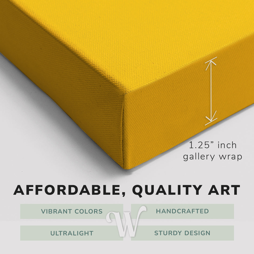 Corner shot of a Whelhung easy to hang canvas print showing the 1.25" inch gallery wrap thickness and graphic saying "Affordable, Quality Art", "Vibrant Colors", "Handcrafted", "Ultralight" and "Sturdy Design."
