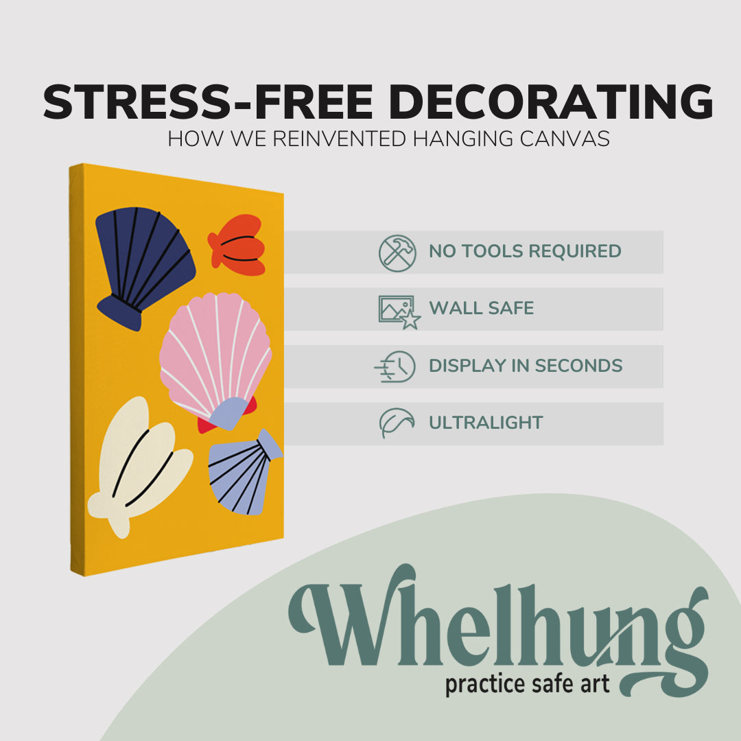 Single, 2:3 vertical easy to hang canvas prints on a graphic displaying the stress-free decorating Whelhung offers, how we reinvented hanging canvas: "no tools required", "wall safe", "display in seconds" and "ultralight." 