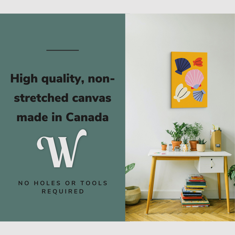 Lifestyle image of the vertical 20x30" inch easy to hang canvas wall art hung in a bedroom over a desk with graphic saying "High quality, non-stretched canvas made in Canada"