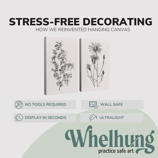 2 Panel, 2:3 vertical easy to hang canvas print on a graphic displaying the stress-free decorating Whelhung offers, how we reinvented hanging canvas: "no tools required", "wall safe"", "display in seconds" and "ultralight."