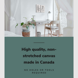 Lifestyle image of the vertical, 18x24 inch easy to hang canvas wall art hung in a bedroom above a farmhouse styled desk with graphic saying "High quality, non-stretched canvas made in Canada"