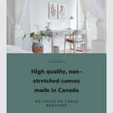 Lifestyle image of the vertical, 30x40 inch easy to hang canvas wall art hung in a bedroom above a farmhouse styled desk with graphic saying "High quality, non-stretched canvas made in Canada"