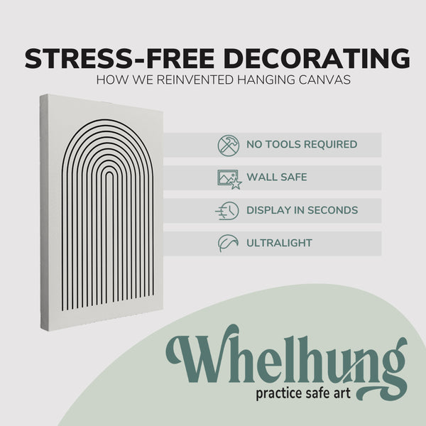 single, 2:3 vertical easy to hang canvas print on a graphic displaying the stress-free decorating Whelhung offers, how we reinvented hanging canvas: "no tools required", "wall safe"", "display in seconds" and "ultralight."