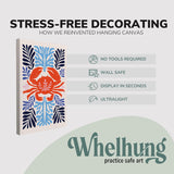 Single, 2:3 vertical easy to hang canvas print on a graphic displaying the stress-free decorating Whelhung offers, how we reinvented hanging canvas: "no tools required", "wall safe", "display in seconds" and "ultralight." 