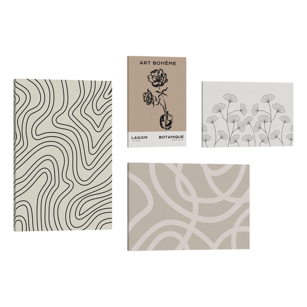 Set of 4, 2:3 easy to hang canvas prints of various sizes, 12x18”, 16x24” or 20x30” inches, on a transparent background featuring images of a black and white abstract wave line print, bohemian styled flower drawing on a brown background, an abstract white and light green line art and a black and white Gingko print.