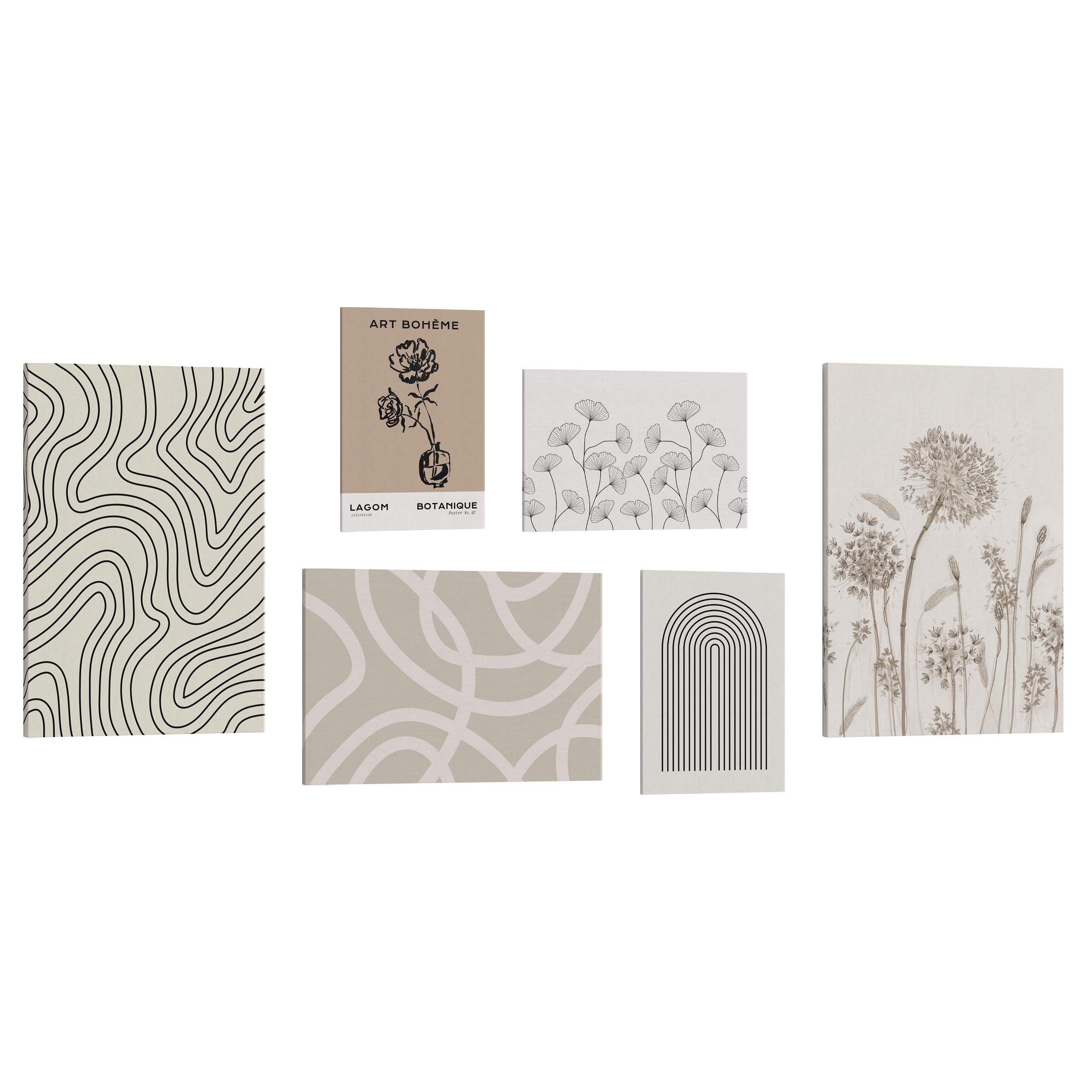 Set of 6, 2:3 easy to hang canvas prints of various sizes, 12x18”, 16x24” or 20x30” inches, on a transparent background featuring images of a black and white abstract wave line print, bohemian styled flower drawing on a brown background, an abstract white and light green line art, a black and white Gingko print, a black and white minimalist line art rainbow and a beige drawing of a dandelion.