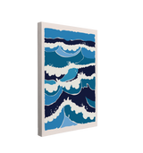 Single, 2:3 vertical easy to hang canvas print on a transparent background featuring an image of different shades of blue representing waves, shaped in a rectangle