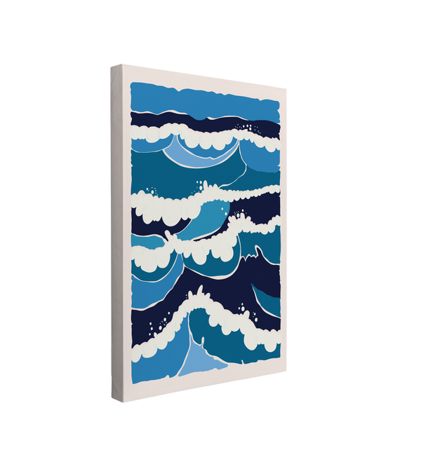 Single, 2:3 vertical easy to hang canvas print on a transparent background featuring an image of different shades of blue representing waves, shaped in a rectangle