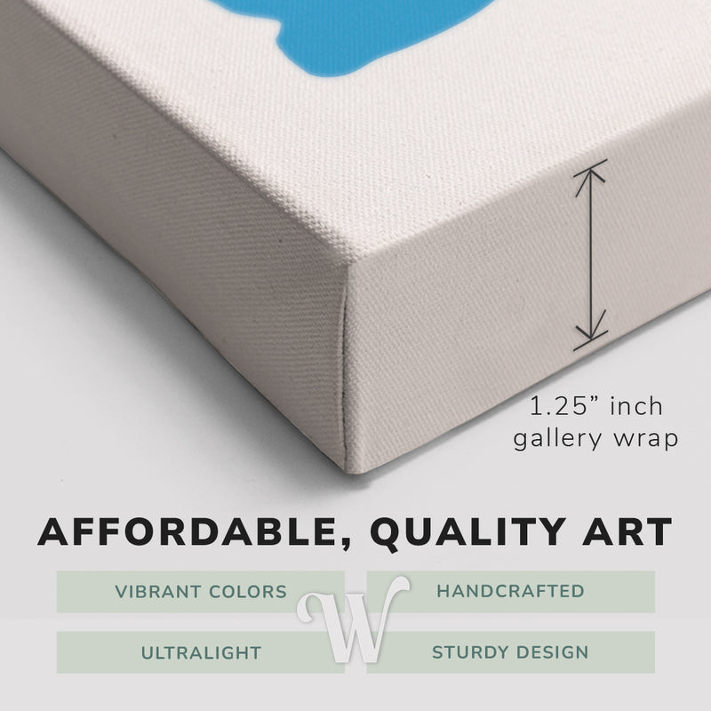 Corner shot of a Whelhung easy to hang canvas print showing the 1.25” inch gallery wrap thickness and graphic saying "Affordable, Quality Art", "Vibrant Colors", "Handcrafted", "Ultralight" and "Sturdy Design."