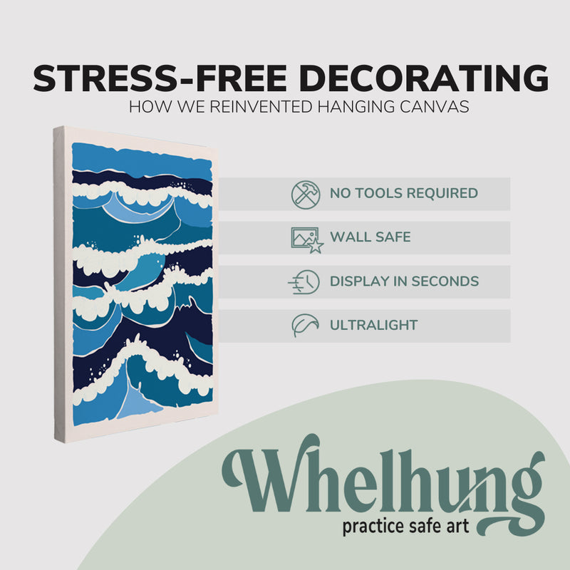 Single, 2:3 vertical easy to hang canvas print on a graphic displaying the stress-free decorating Whelhung offers, how we reinvented hanging canvas: "no tools required", "wall safe", "display in seconds" and "ultralight."