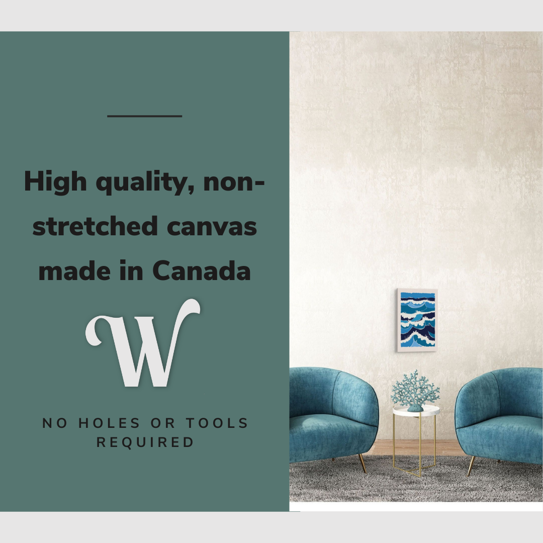 Lifestyle image of the vertical, 12x18” inch easy to hang canvas wall art hung in a coastal blue living room in-between two chairs with graphic saying "High quality, non-stretched canvas made in Canada"