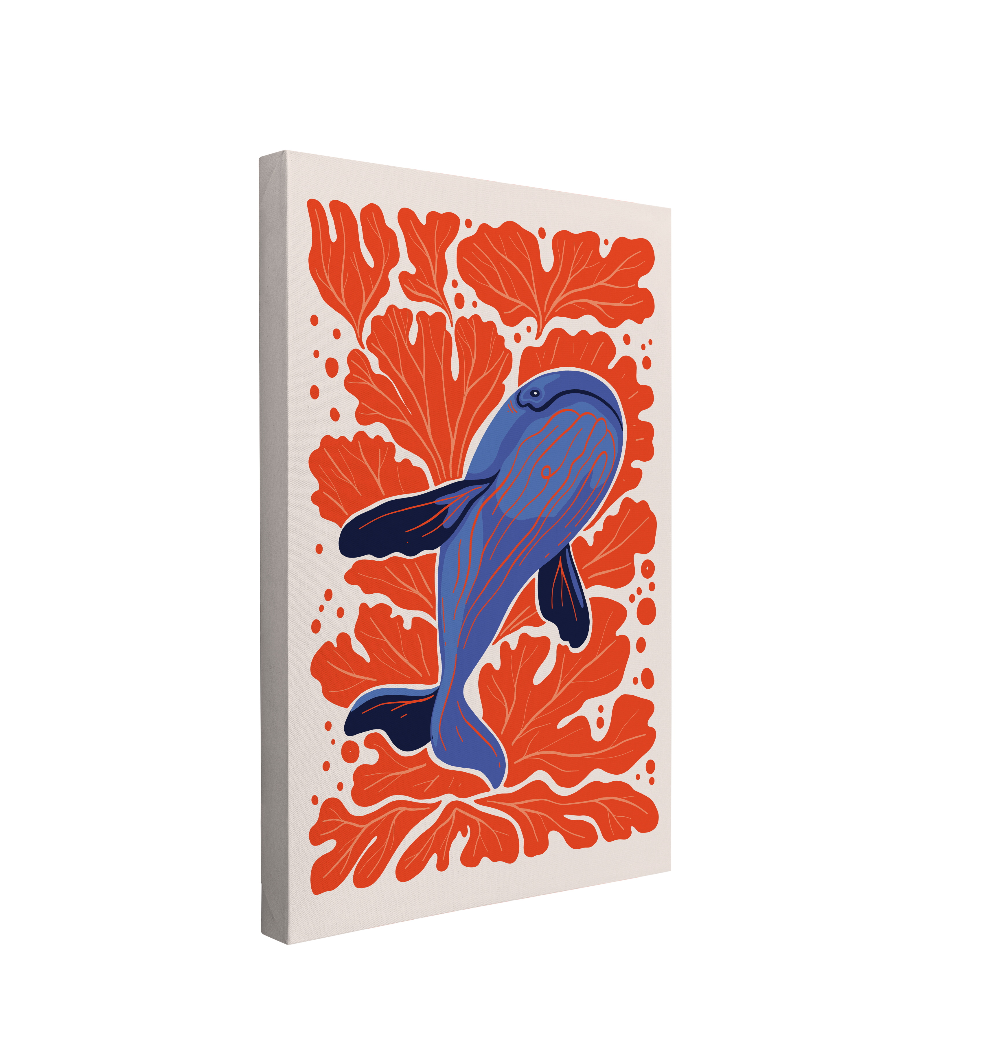 Single, 2:3 vertical easy to hang canvas print on a transparent background featuring an image of blue whales swimming diagonally across the canvas amongst bright orange coral on a white background