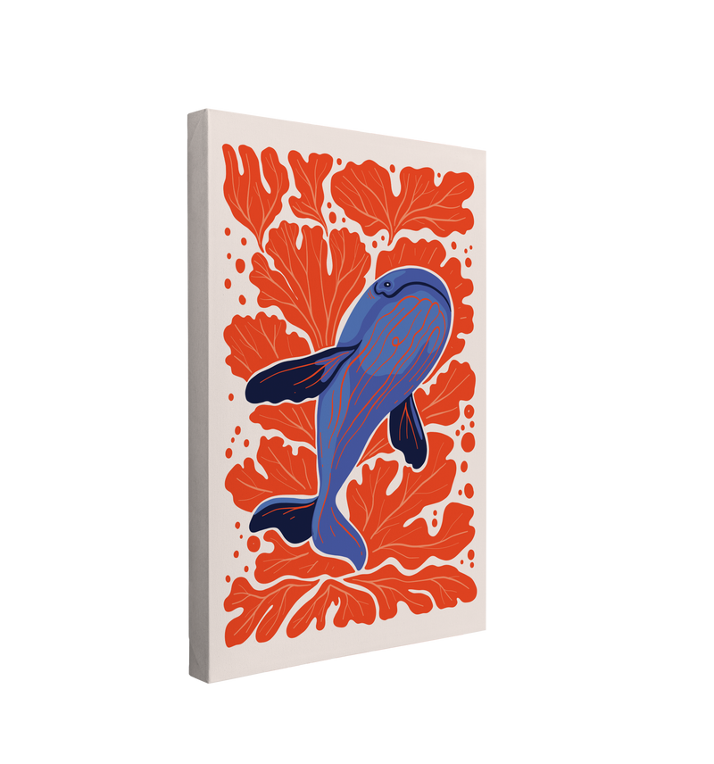 Single, 2:3 vertical easy to hang canvas print on a transparent background featuring an image of blue whales swimming diagonally across the canvas amongst bright orange coral on a white background