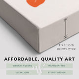 Corner shot of a Whelhung easy to hang canvas print showing the 1.25” inch gallery wrap thickness and graphic saying "Affordable, Quality Art", "Vibrant Colors", "Handcrafted", "Ultralight" and "Sturdy Design."