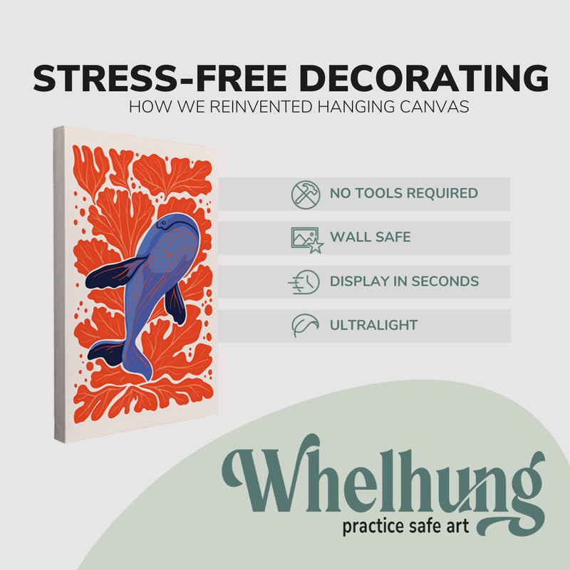 Single, 2:3 vertical easy to hang canvas print on a graphic displaying the stress-free decorating Whelhung offers, how we reinvented hanging canvas: "no tools required", "wall safe", "display in seconds" and "ultralight."