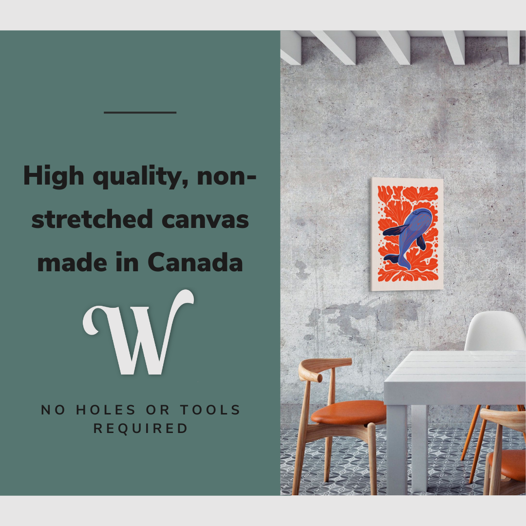 Lifestyle image of the vertical, 20x30” inch easy to hang canvas wall art hung in dining room above the dining table with graphic saying "High quality, non-stretched canvas made in Canada"