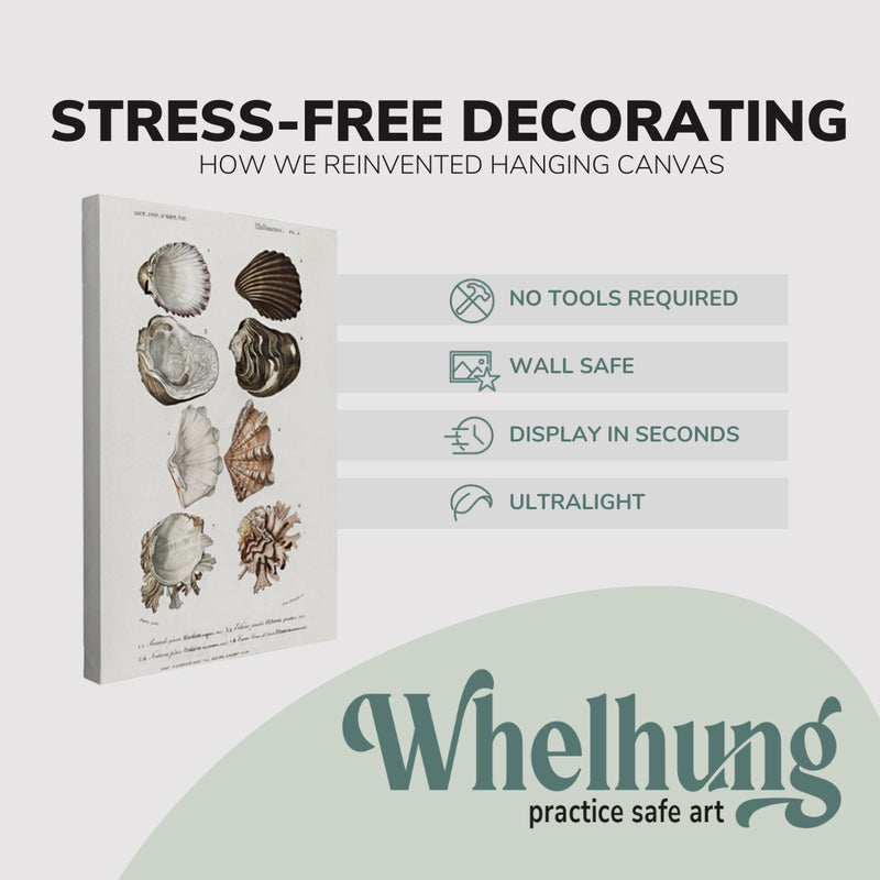 Single, 2:3 vertical easy to hang canvas prints on a graphic displaying the stress-free decorating Whelhung offers, how we reinvented hanging canvas: "no tools required", "wall safe", "display in seconds" and "ultralight."