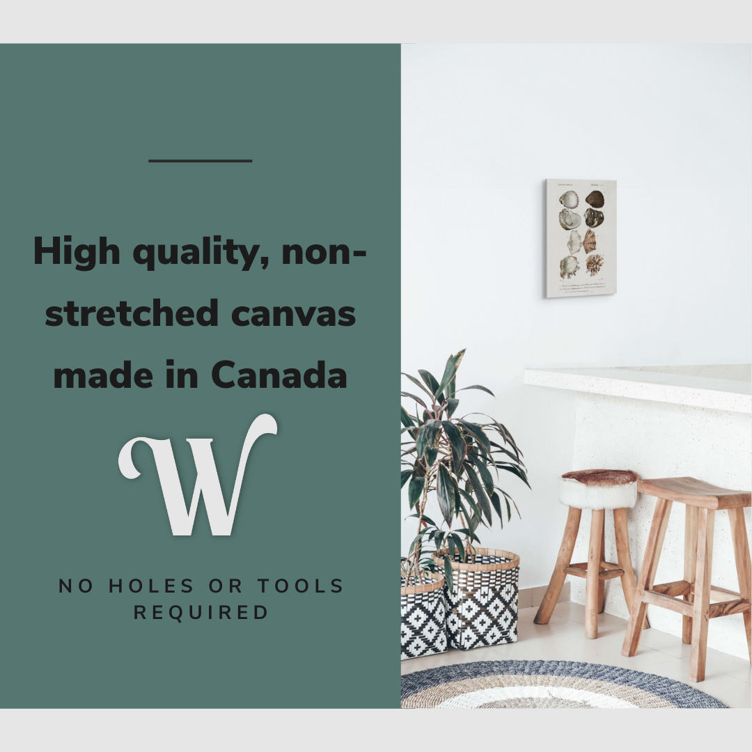 Lifestyle image of the vertical 12x18" inch easy to hang canvas wall art hung in a dining room kitchen with graphic saying "High quality, non-stretched canvas made in Canada"