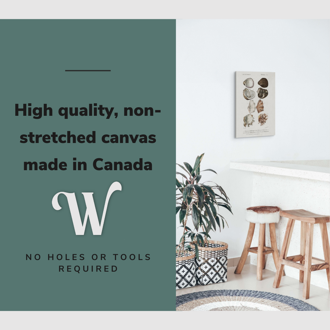 Lifestyle image of the vertical 16x24" inch easy to hang canvas wall art hung in a dining room kitchen with graphic saying "High quality, non-stretched canvas made in Canada"