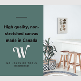 Lifestyle image of the vertical 16x24" inch easy to hang canvas wall art hung in a dining room kitchen with graphic saying "High quality, non-stretched canvas made in Canada"