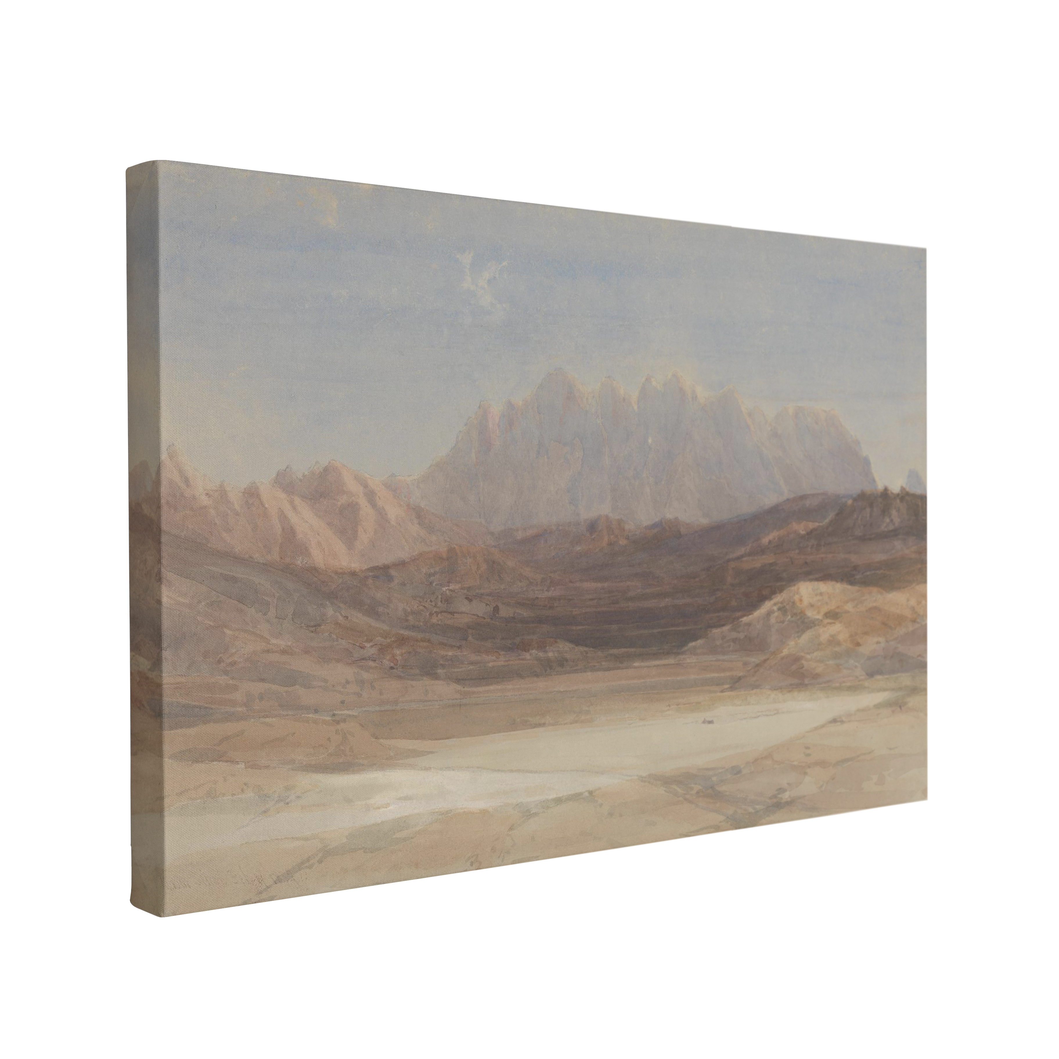 Single, 2:3 horizontal easy to hang canvas print on a transparent background featuring an image of painting of a desert landscape of Mount Sinai and other mountains. It has washed out, light colors from blue to brown.