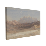 Single, 2:3 horizontal easy to hang canvas print on a transparent background featuring an image of painting of a desert landscape of Mount Sinai and other mountains. It has washed out, light colors from blue to brown.