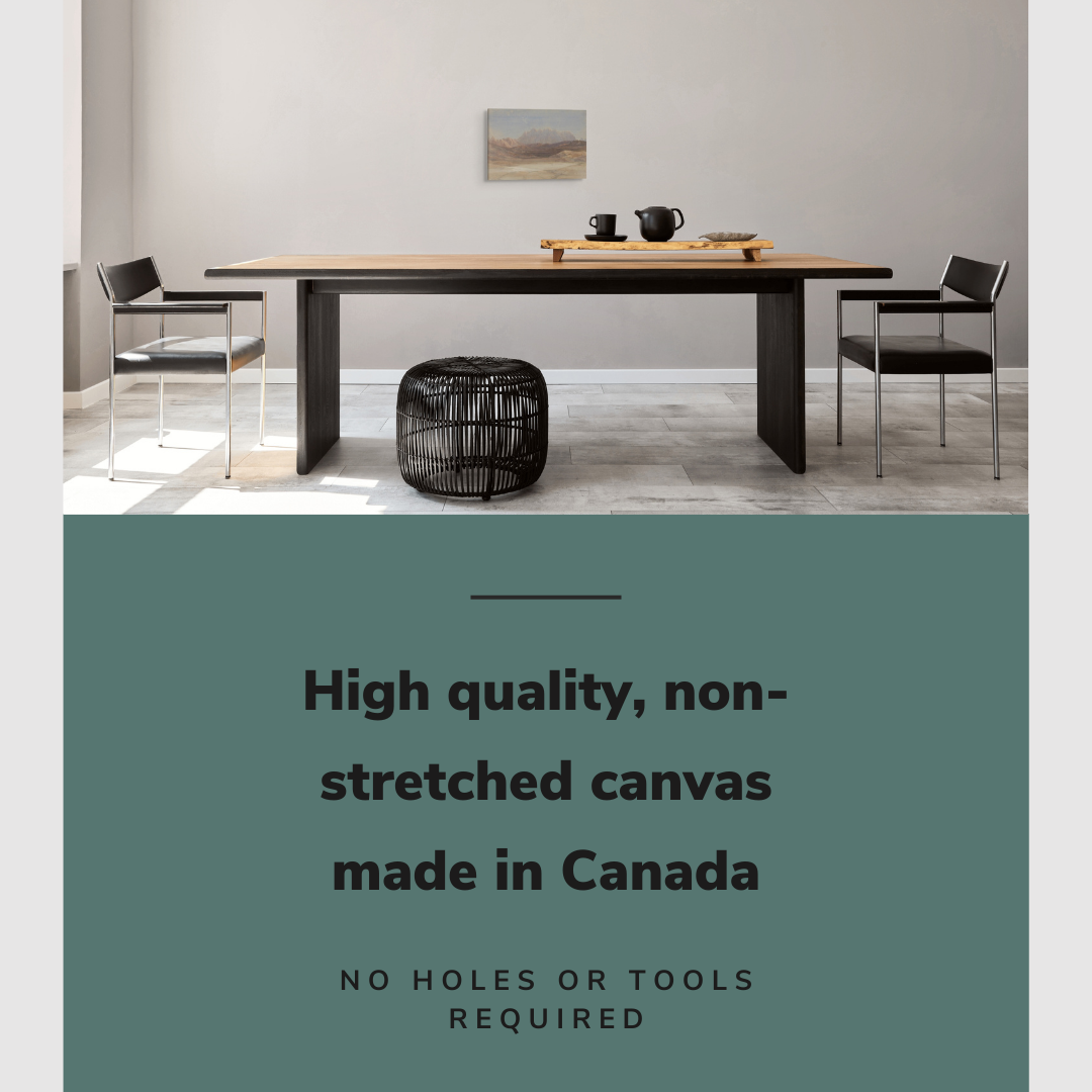 Lifestyle image of the horizontal 12x18” inch easy to hang canvas wall art hung in a dining room above a dining table with graphic saying "High quality, non-stretched canvas made in Canada."