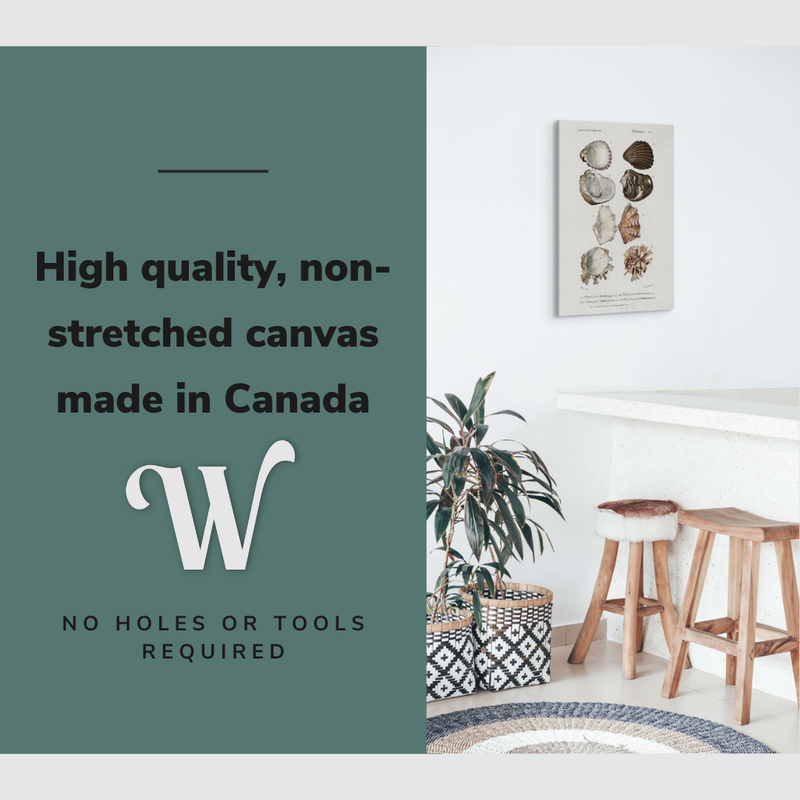 Lifestyle image of the vertical 20x30" inch easy to hang canvas wall art hung in a dining room kitchen with graphic saying "High quality, non-stretched canvas made in Canada"