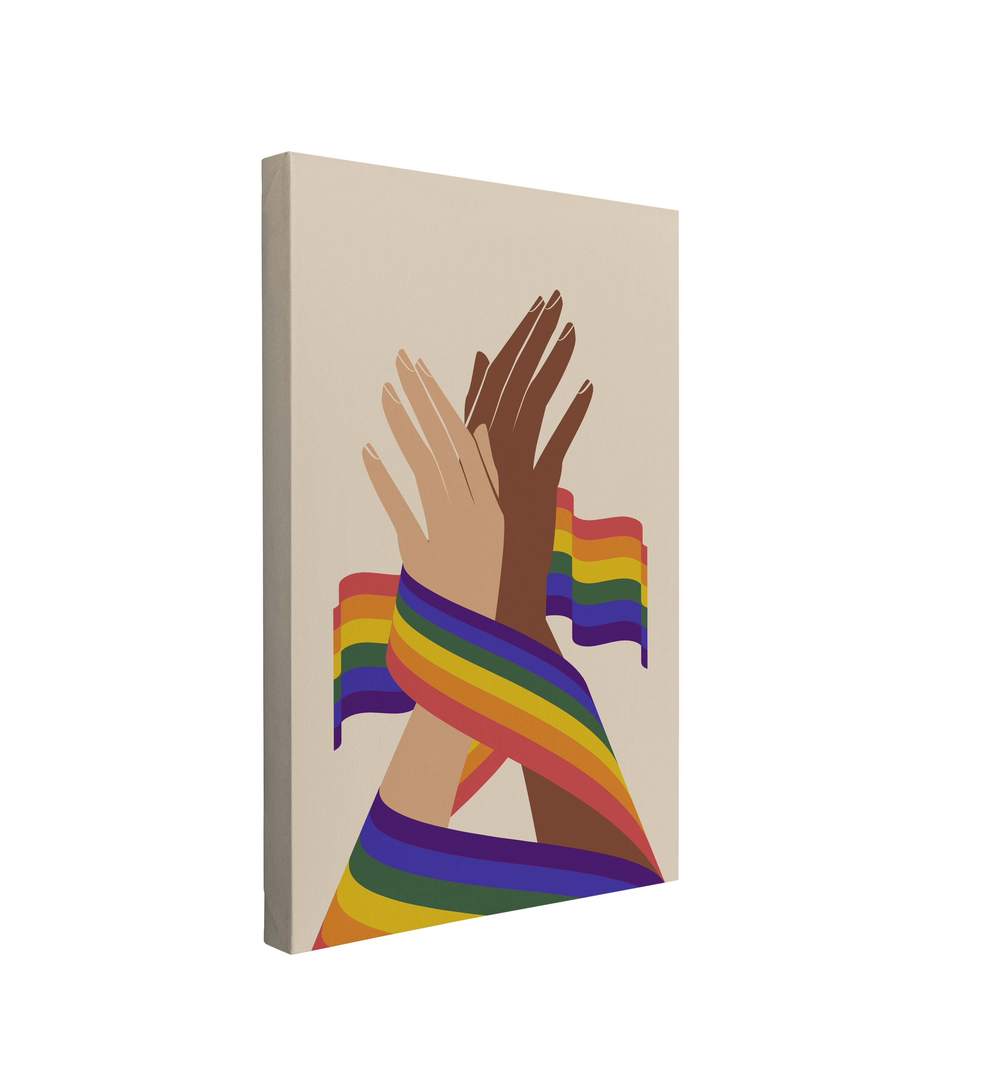 single, 2:3 vertical easy to hang canvas print on a transparent background featuring an image of hands of different ethnicities holding eachother with a rainbow ribbon surrounding them