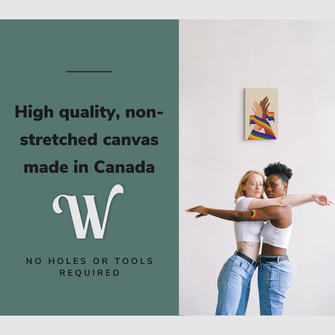 Lifestyle image of the vertical, 12x18 inch easy to hang canvas wall art hung in hung on a plain wall over a lesbian, biracial couple with graphic saying "High quality, non-stretched canvas made in Canada"