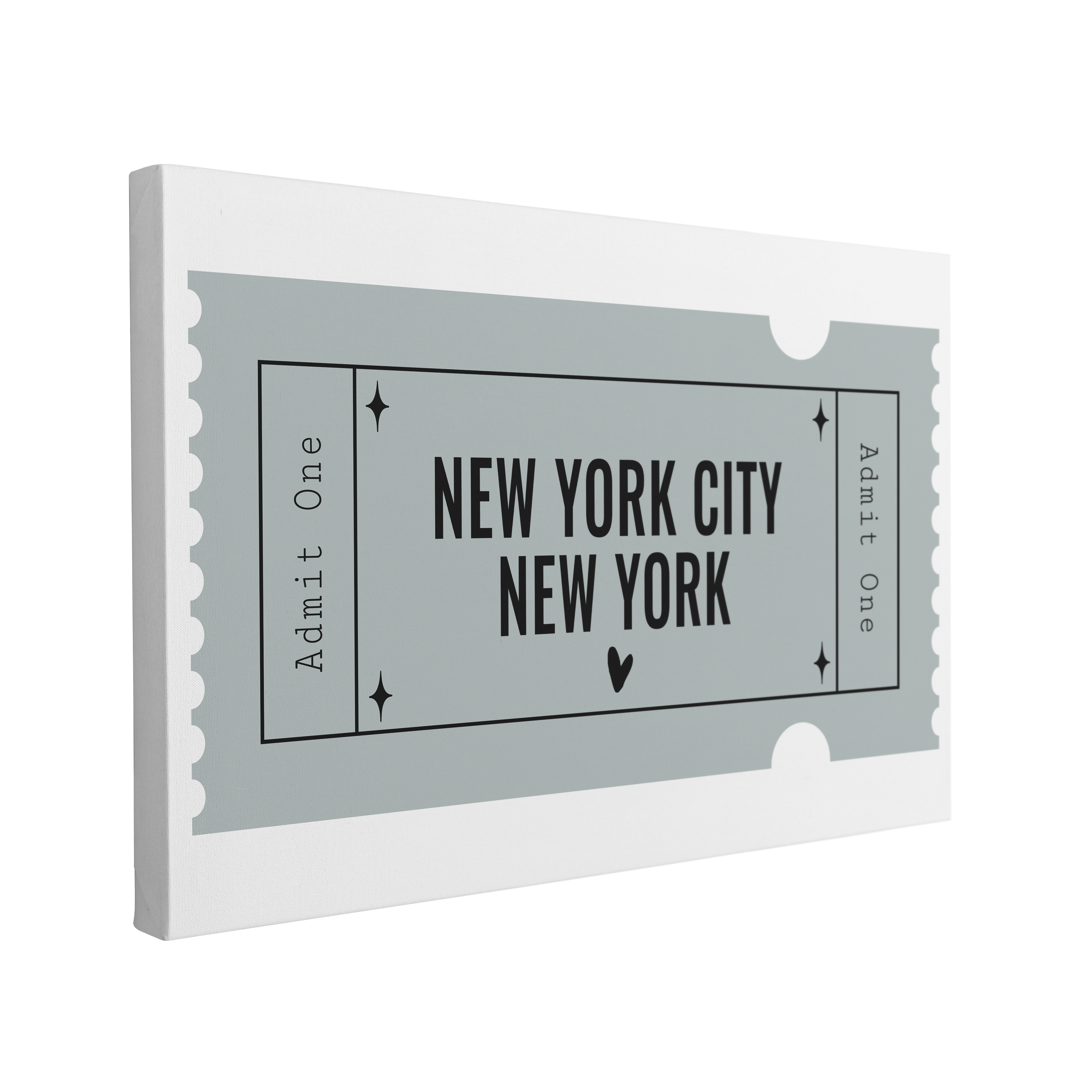 Single, 2:3 horizontal easy to hang canvas print on a transparent background featuring an image of a blue graphic of an Admit One ticket with black font, "New York City, New York"