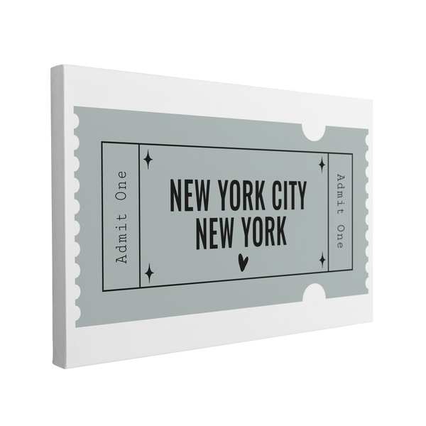 Single, 2:3 horizontal easy to hang canvas print on a transparent background featuring an image of a blue graphic of an Admit One ticket with black font, "New York City, New York"